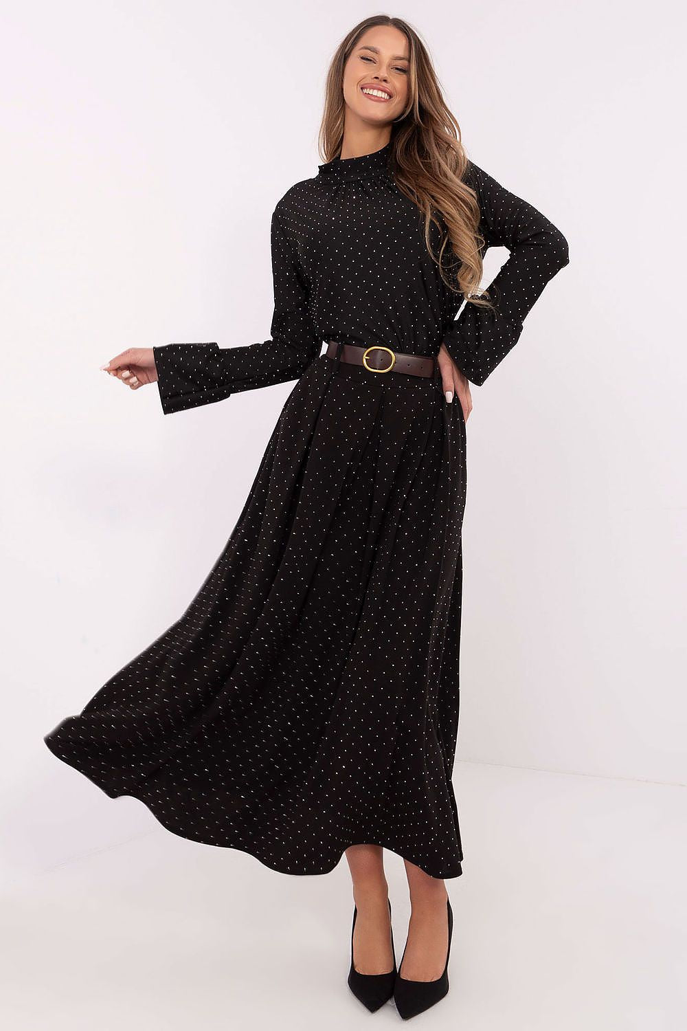 Black maxi skirt with small dot pattern and matching belt