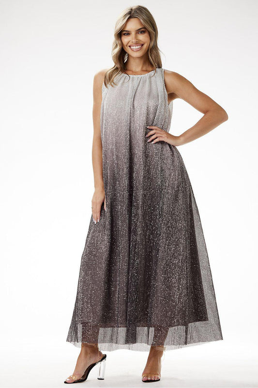 Grey sleeveless long dress with round neckline, fitted waist belt and sheer hem