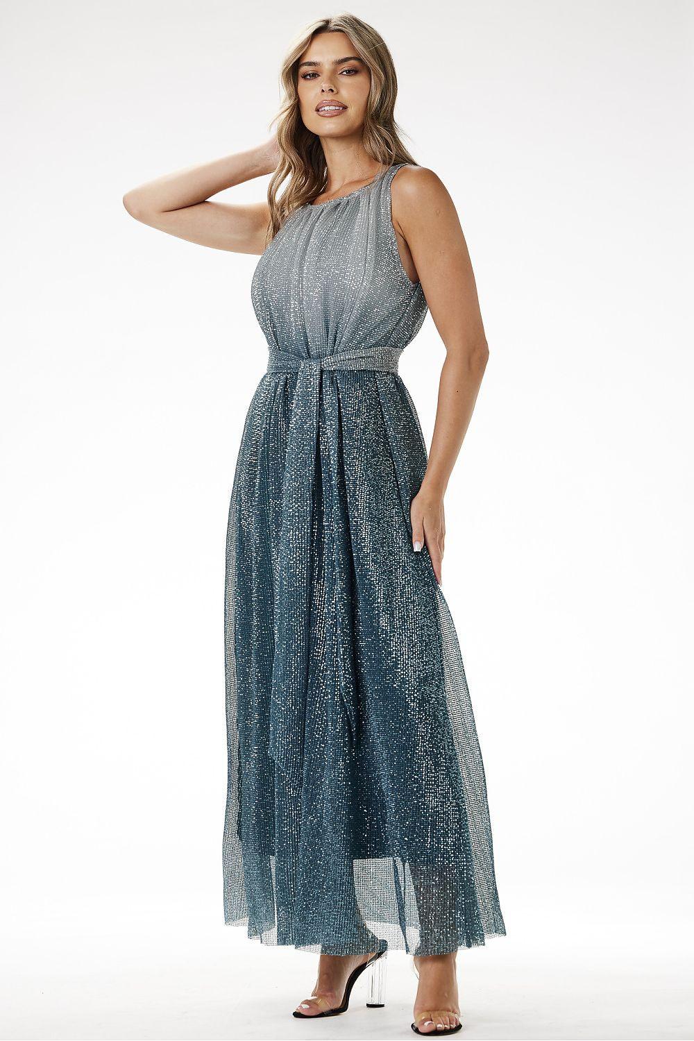 Long sleeveless glitter dress with gathered waist, teal-green shimmer, ankle length