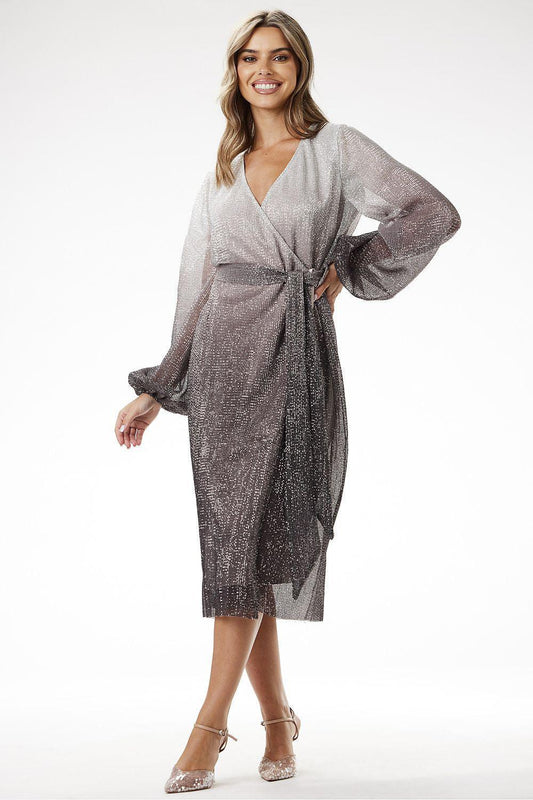 Evening dress in grey sparkle fabric, V-neck wrap, waist tie belt, midi length, long sleeves