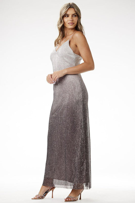Long sleeveless V-neck mauve metallic maxi dress, fitted waist, sheer hem panel