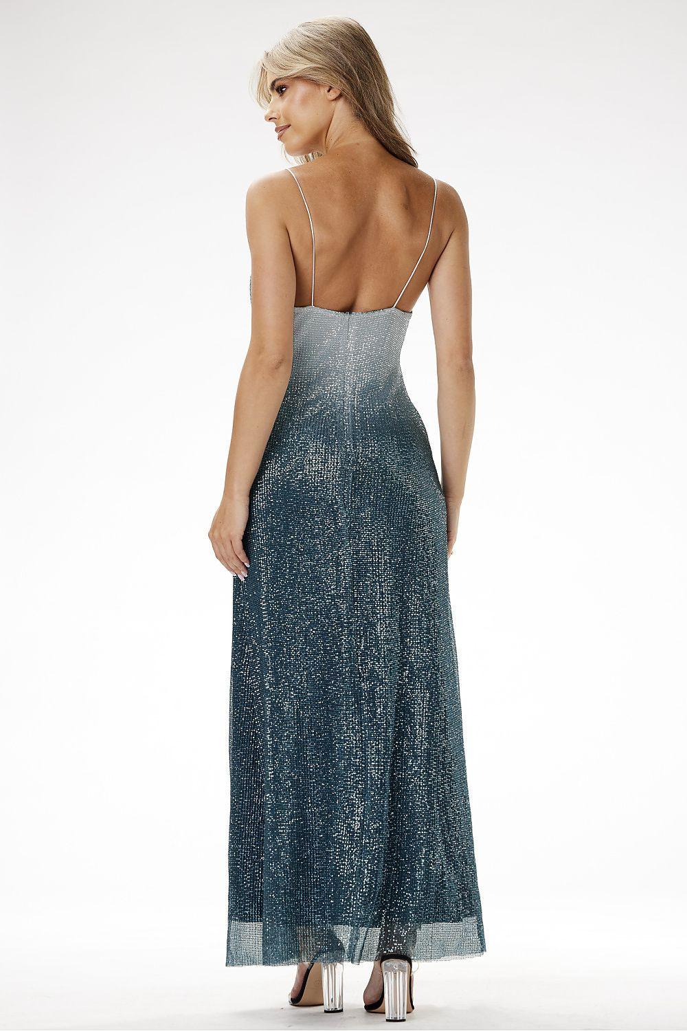 Long teal shimmer dress with spaghetti straps, open back, full-length sheer hem