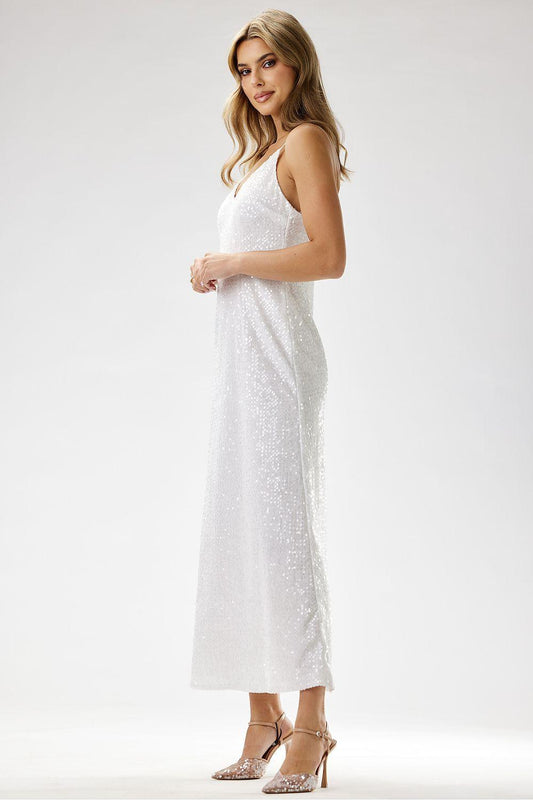 White sequin long dress with V-neck spaghetti straps and straight floor-length skirt