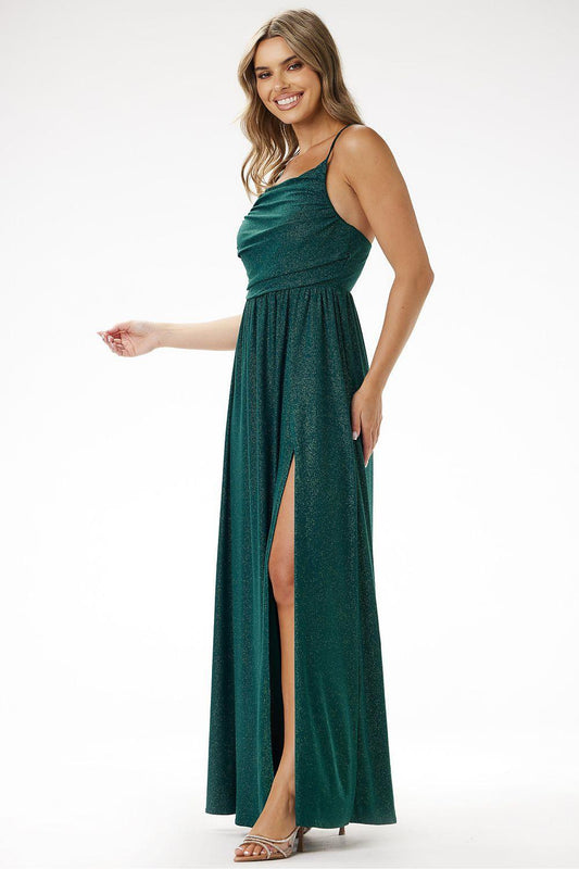 Long green maxi dress with spaghetti straps, ruched waist, and side slit