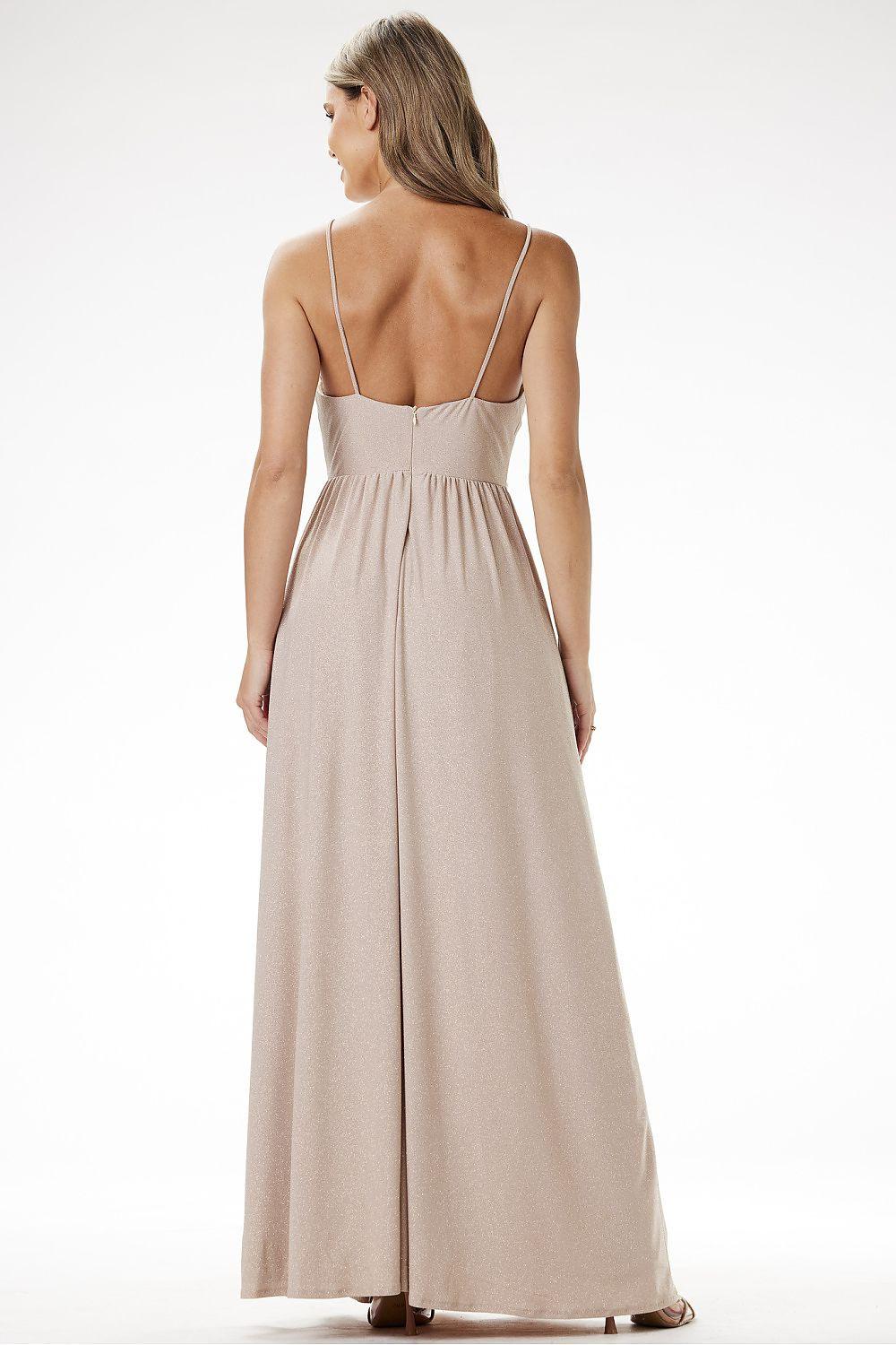 Beige long dress with thin back straps and gathered waist, full maxi skirt