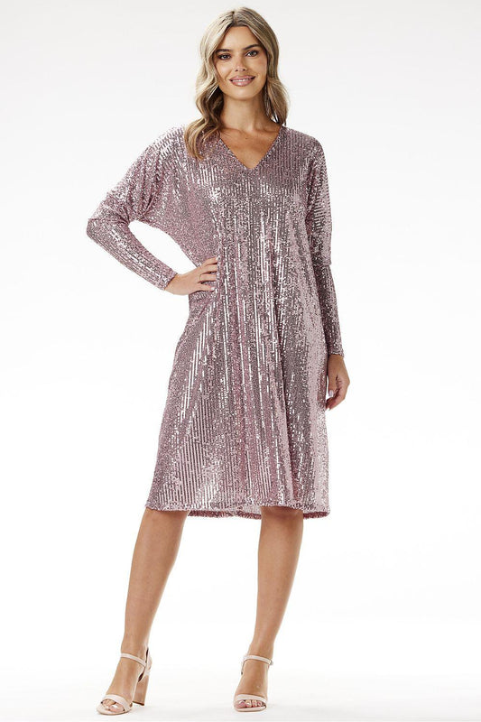 Shimmering pink sequined V-neck long-sleeve midi dress with tied waist