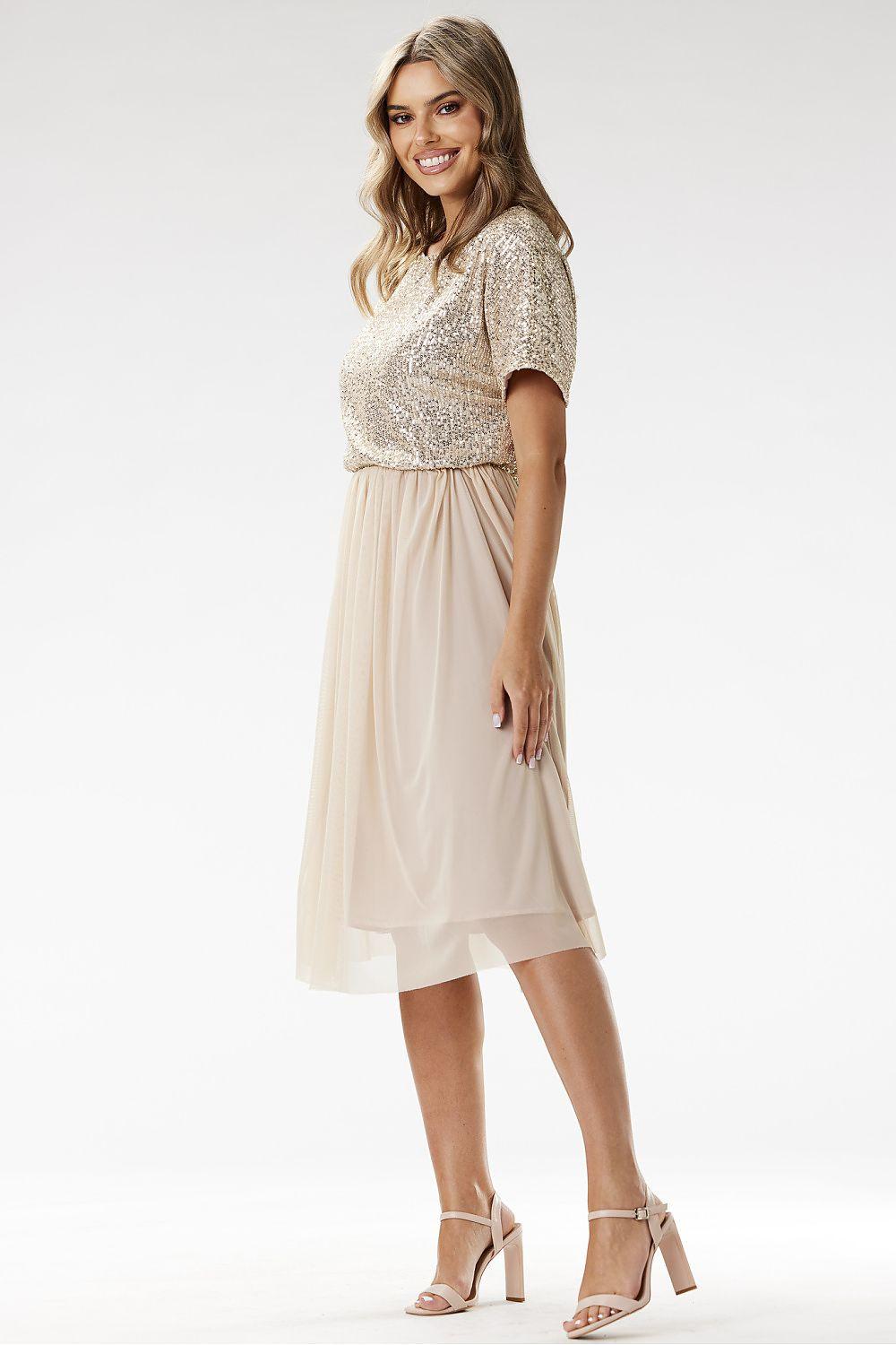 Beige sequin evening dress with short sleeves and flowing pleated skirt