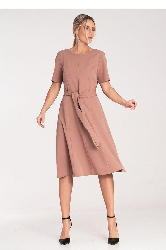 Mauve midi day dress with waist tie, pleated skirt, short sleeves