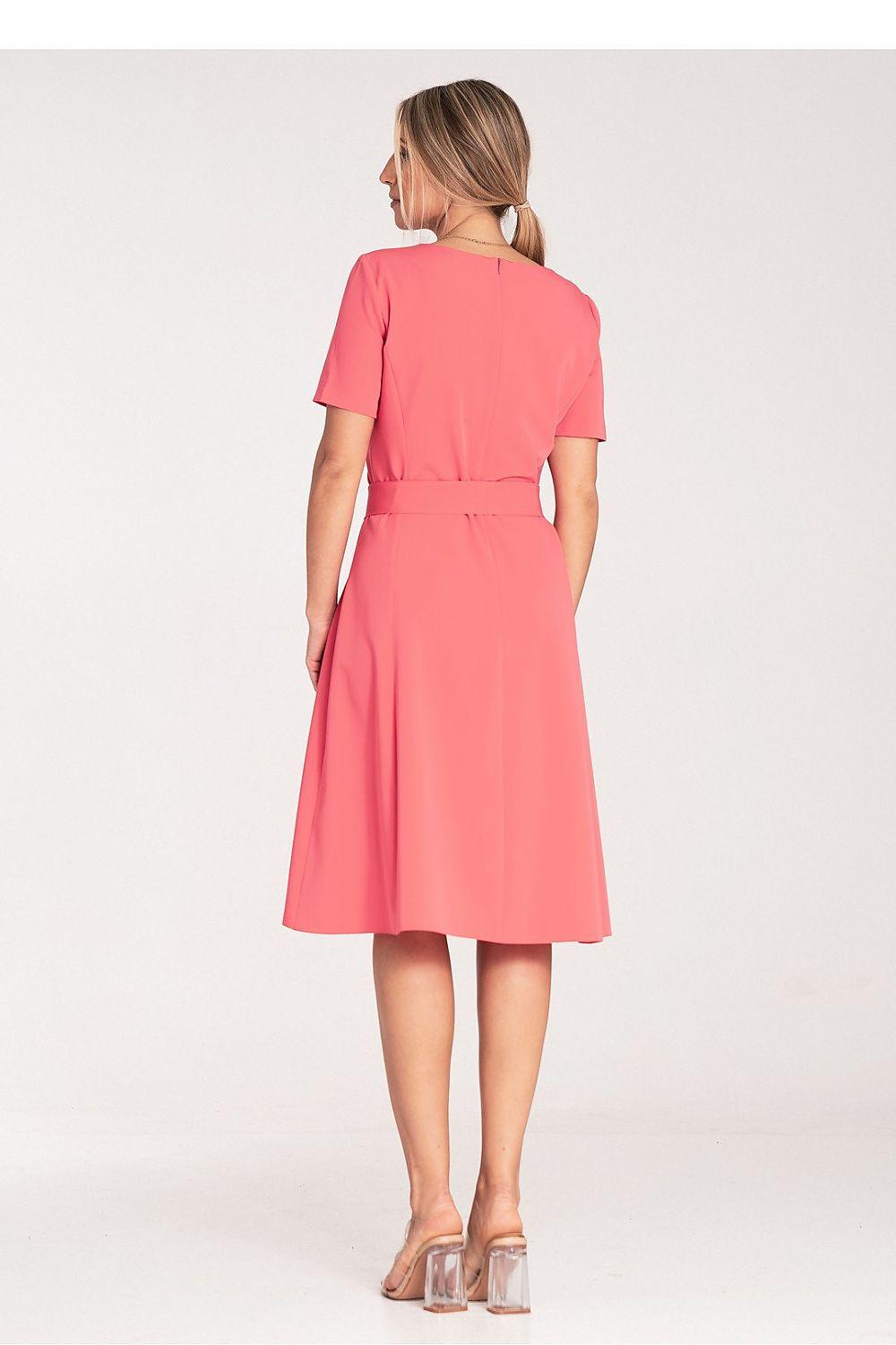 Coral-pink midi day dress from the back with waist tie, short sleeves