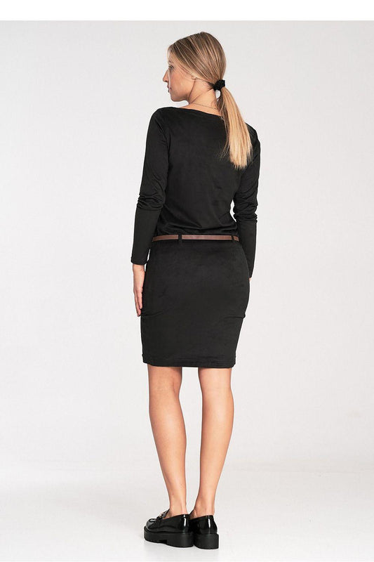 Black daydress, long sleeves, back view, knee-length pencil silhouette