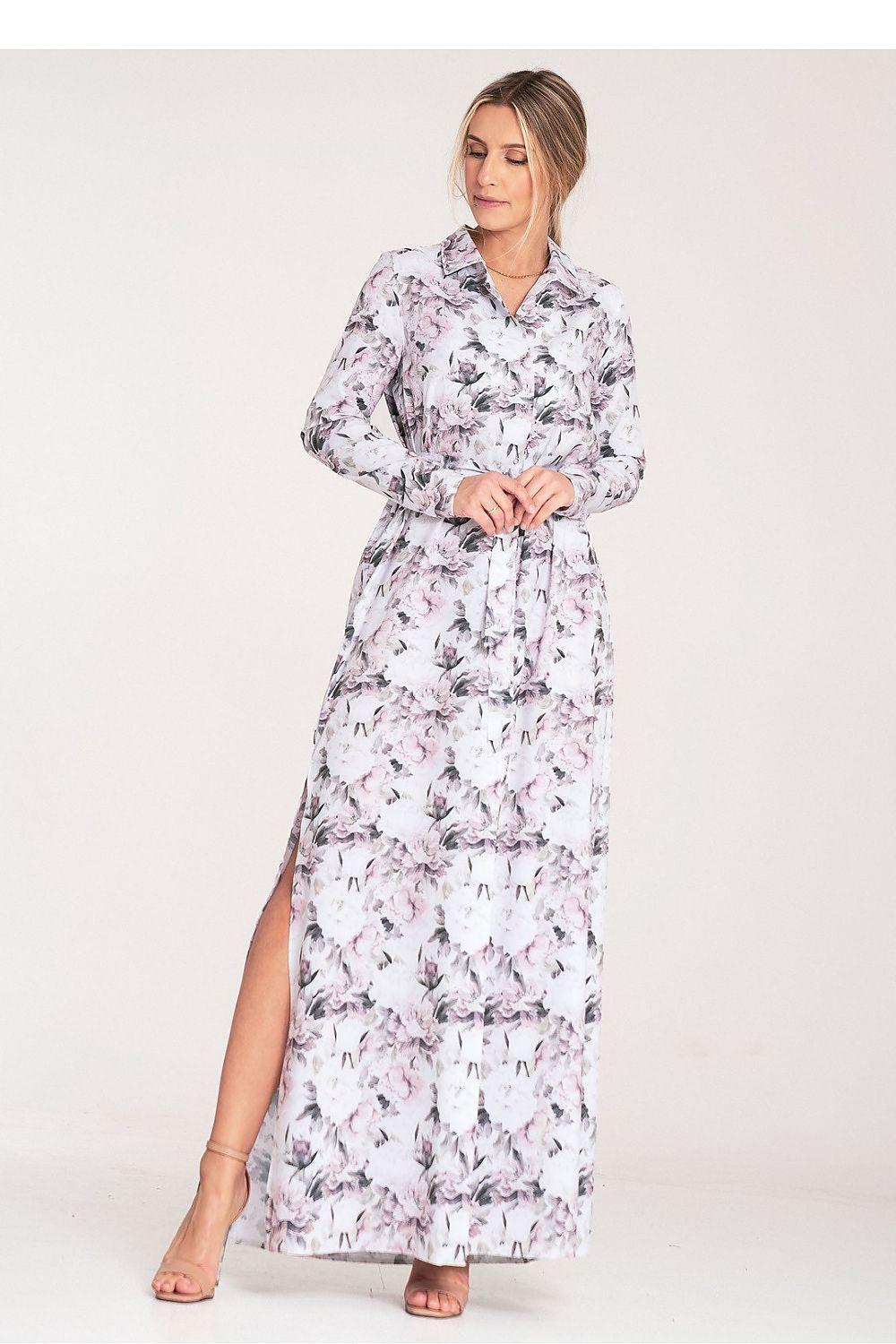 Floral long-sleeve maxi daydress with belt, white with gray floral print, side slit