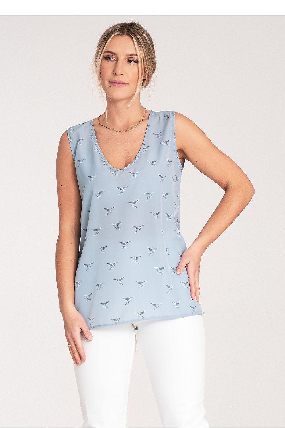 Sleeveless blouse, light blue bird print, V-neck front view with fitted hem