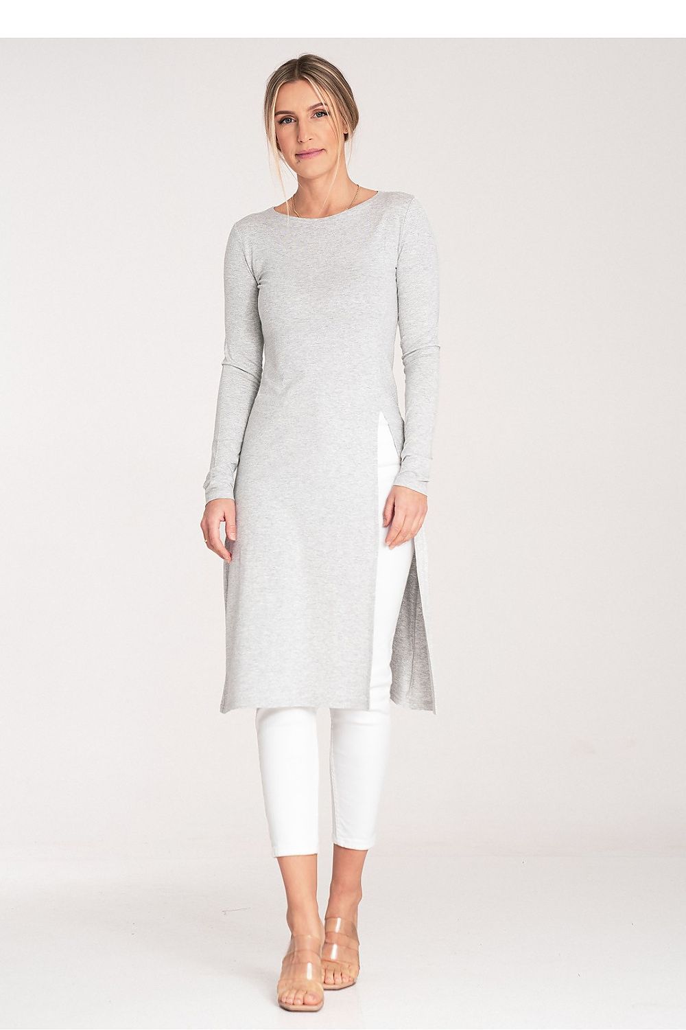 Grey long sleeve knit tunic with crew neck and side slits, long straight hem