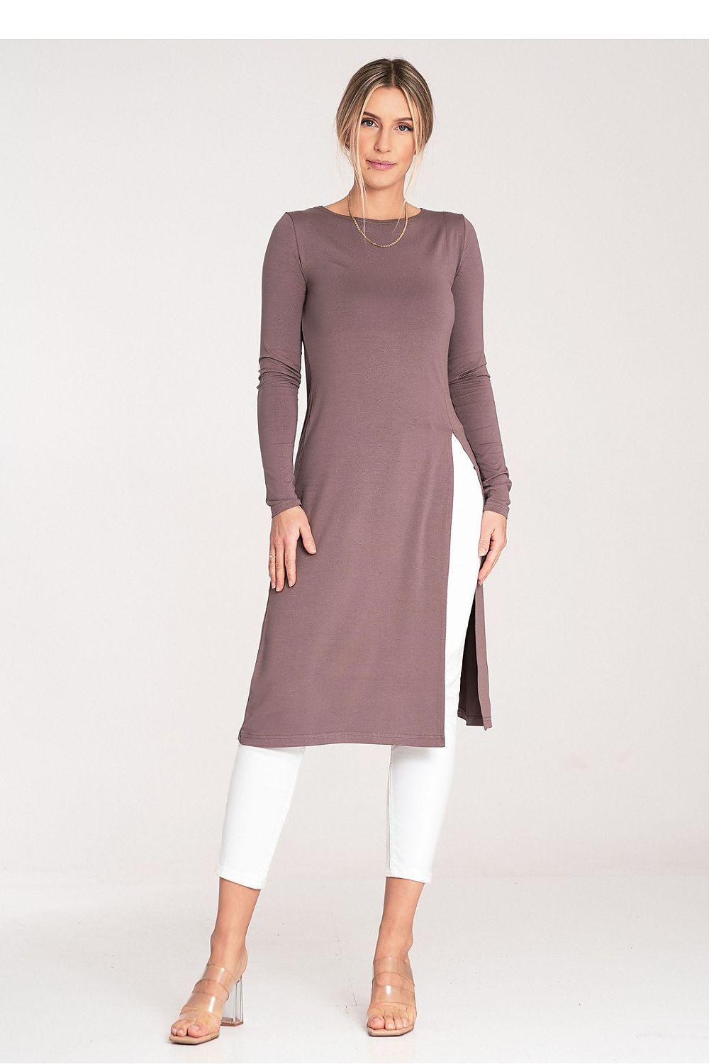 Brown long-sleeve tunic dress with crew neck and side slit hem