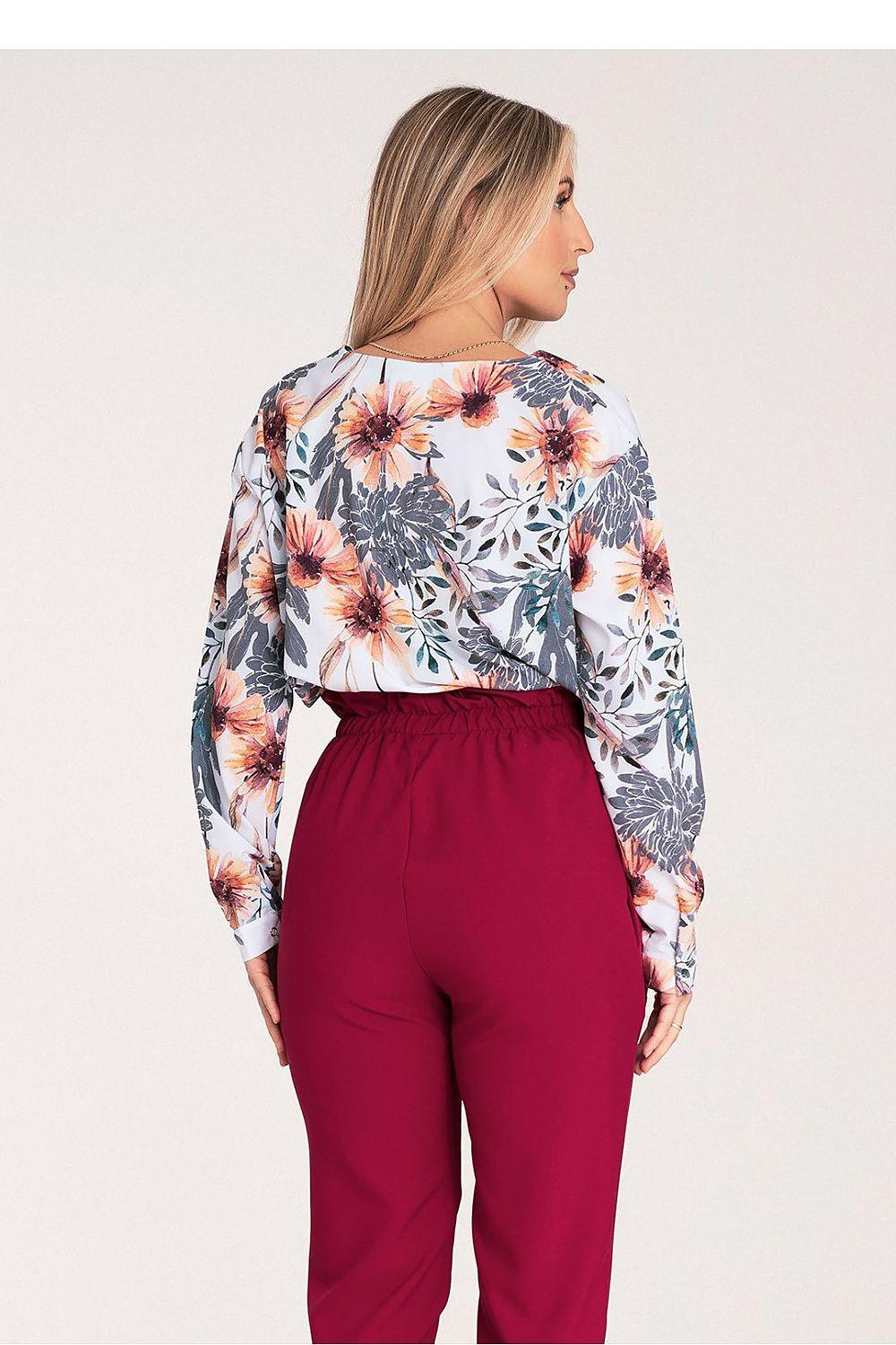 Floral long sleeve shirt with V-neck, white and multicolor flower print