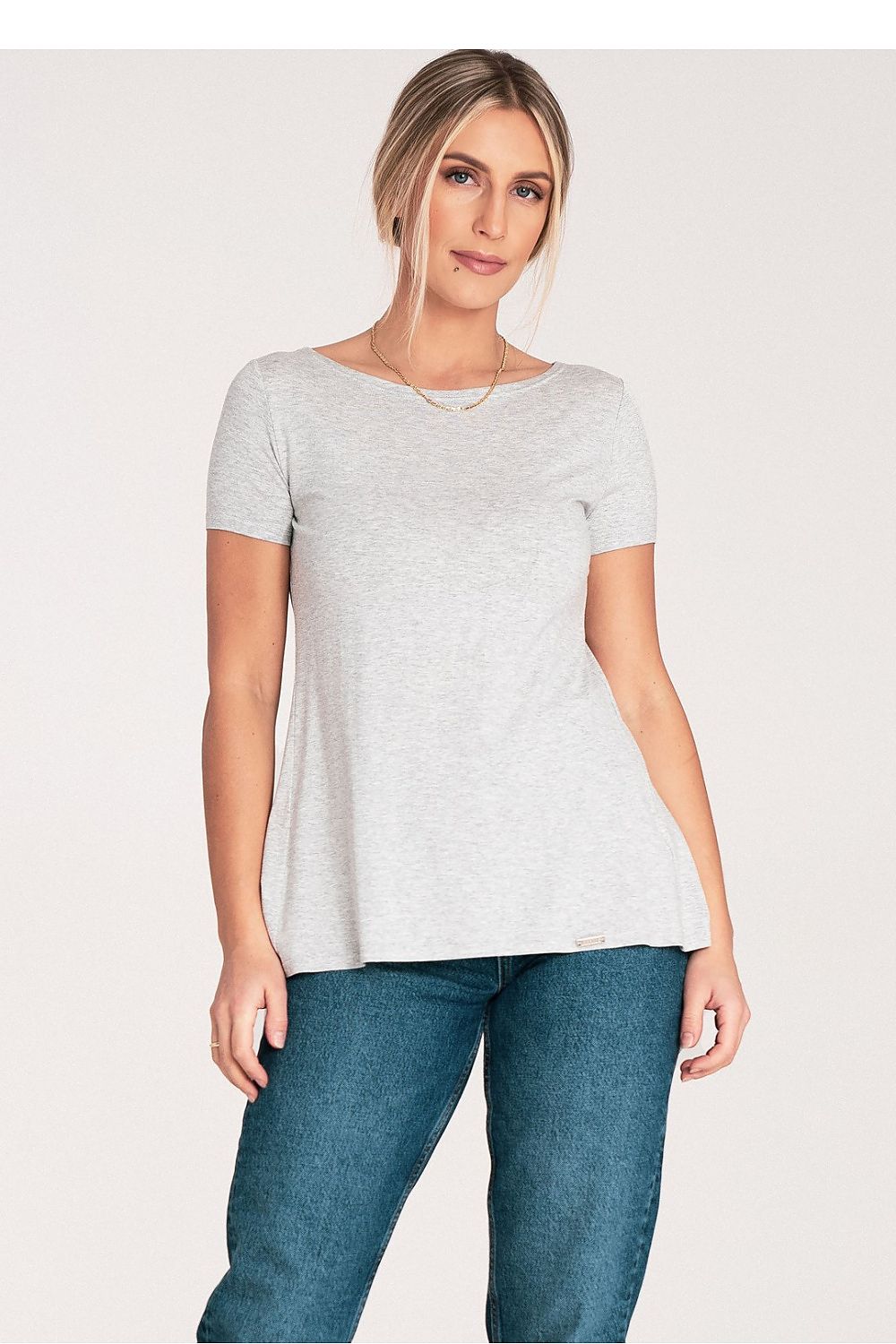 Grey blouse with short sleeves and draped A-line hem