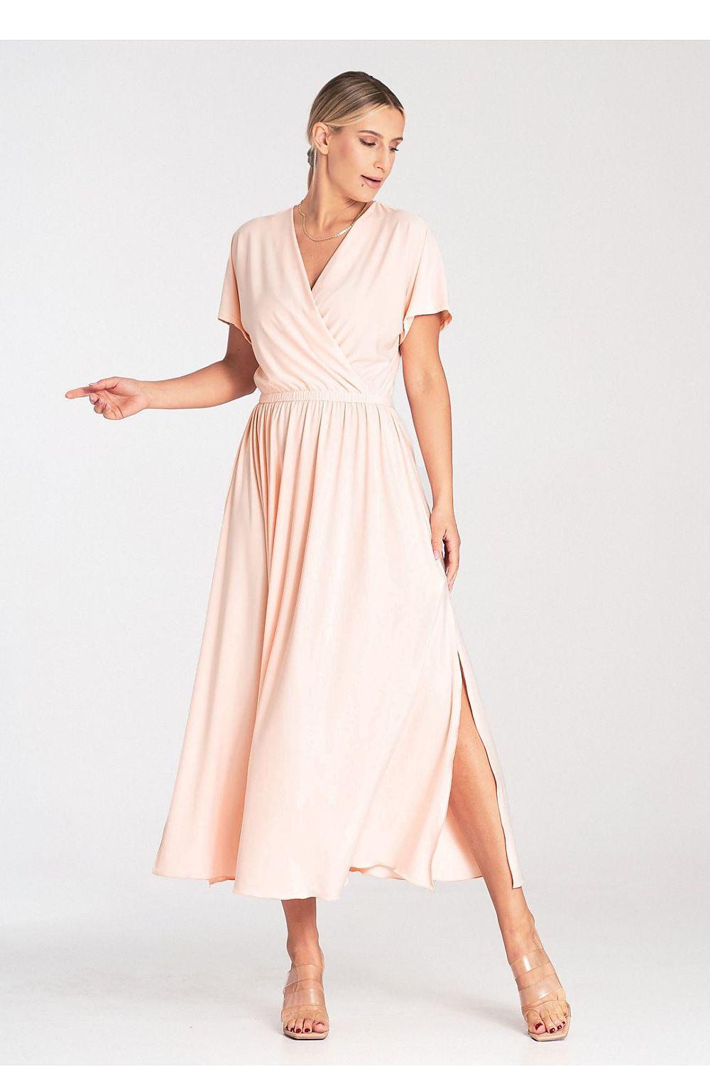 Blush pink midi day dress with V-neck overlap, gathered waist, side slit