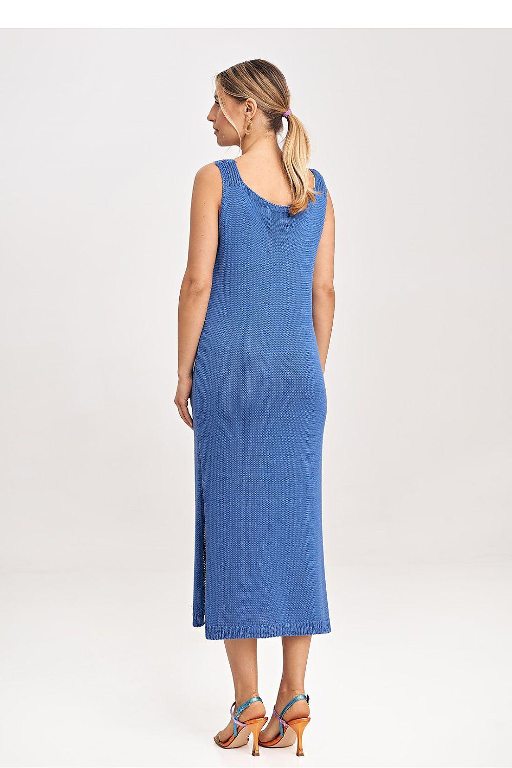 Blue sleeveless knit midi dress with scoop back and side seam detail