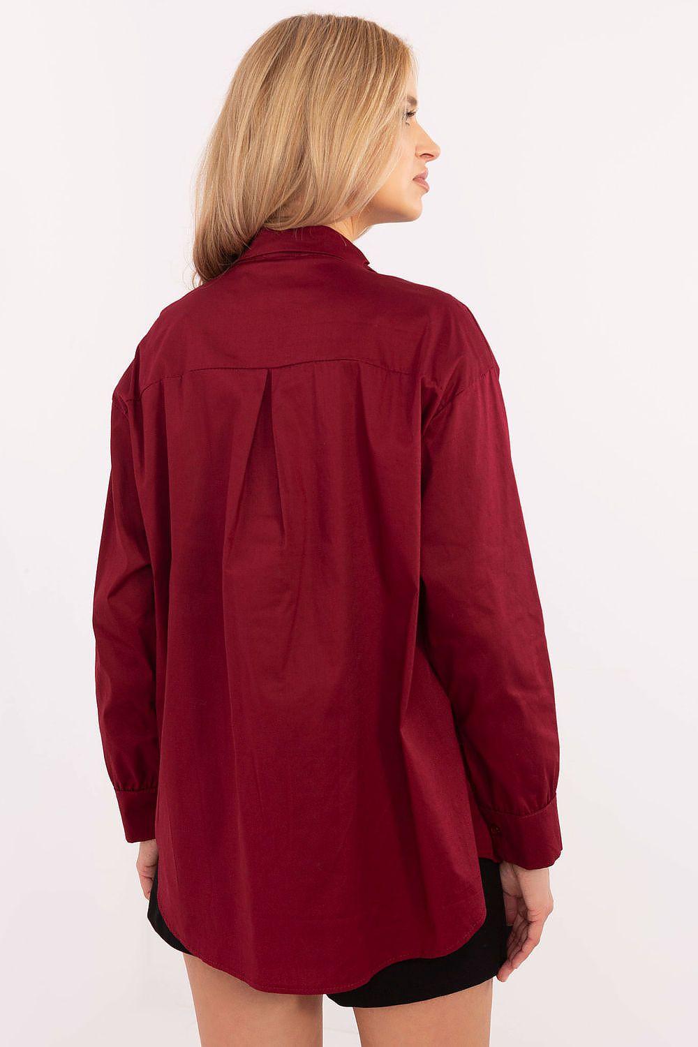 Red long sleeve shirt, back view, buttoned yoke and yoke seams