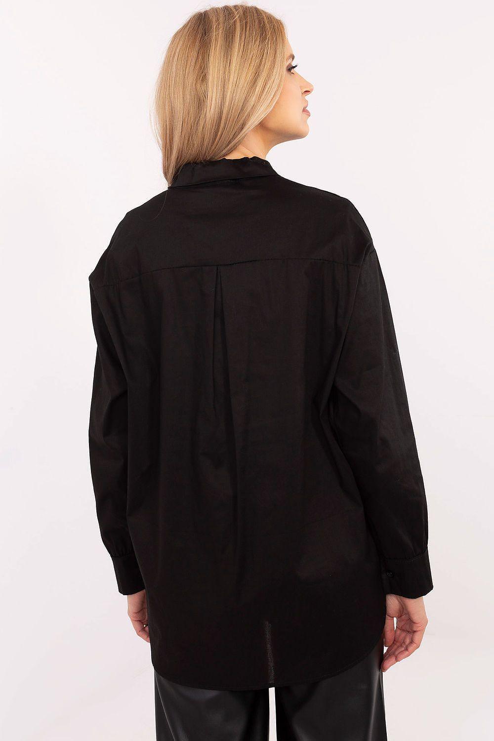 Women’s black shirt back view with long sleeves and button placket