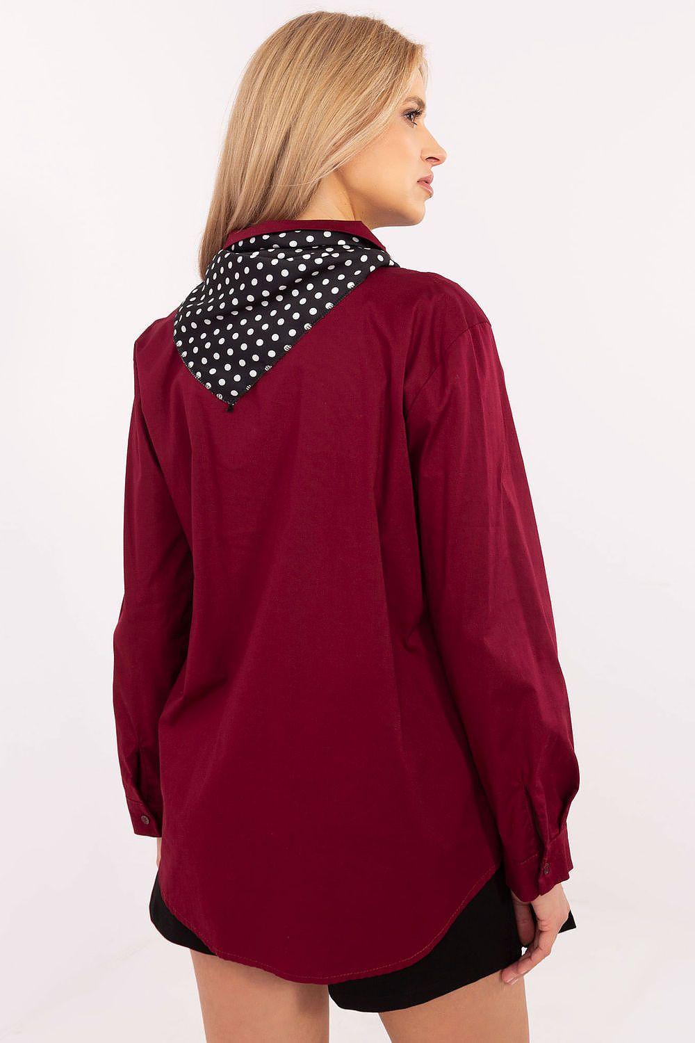Burgundy long sleeve shirt back view with polka-dot collar