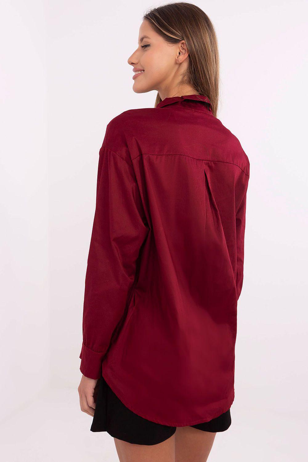 Red long-sleeve button-up shirt, back view with collar and yoke