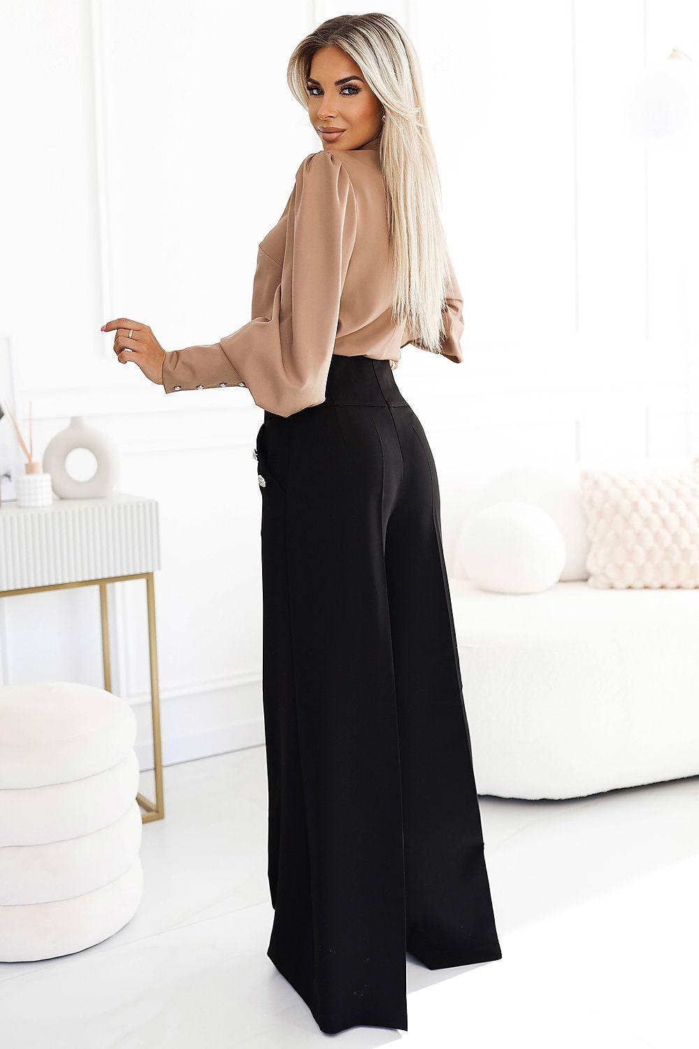 Black high-waist wide-leg trousers with side buttons and straight hem