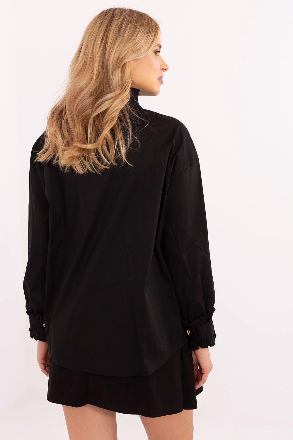 Black long-sleeve shirt with ruffle collar and gathered cuffs, loose fit