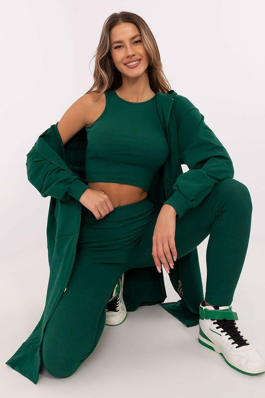 Women’s green long hooded jacket and leggings set, cropped top look