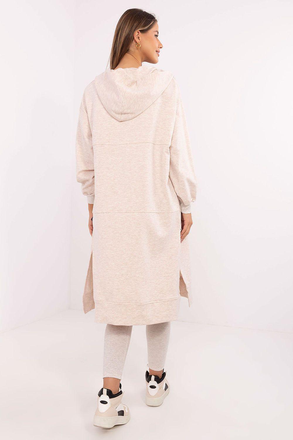 Light grey 3-piece womens loungewear set, long hooded coat back view with leggings