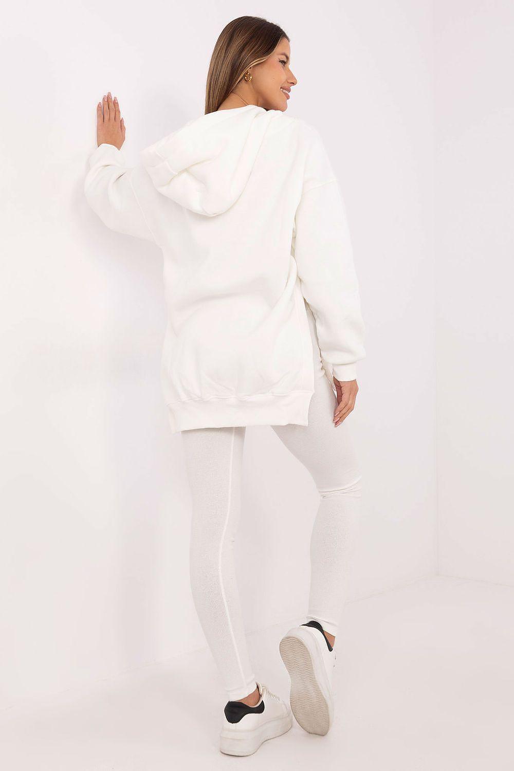 Women's white hoodie and jogger set, back view with hood