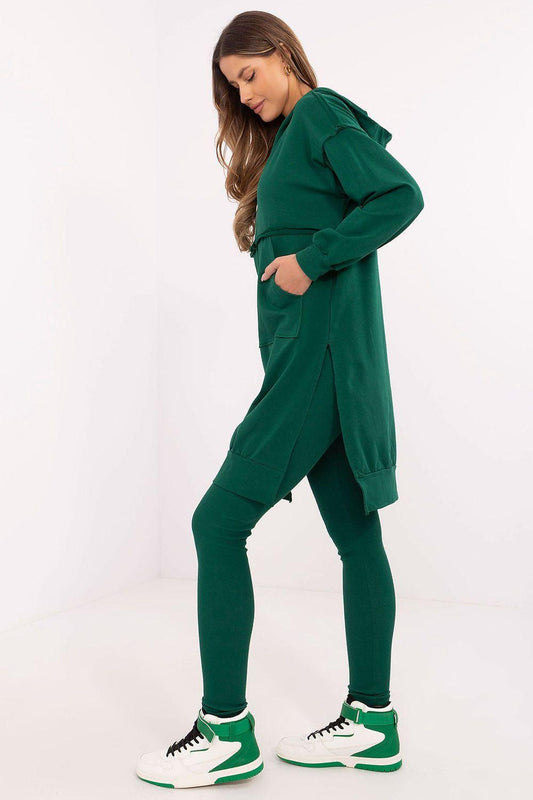 Green zip-hood tunic sweatshirt with leggings set, angled side view