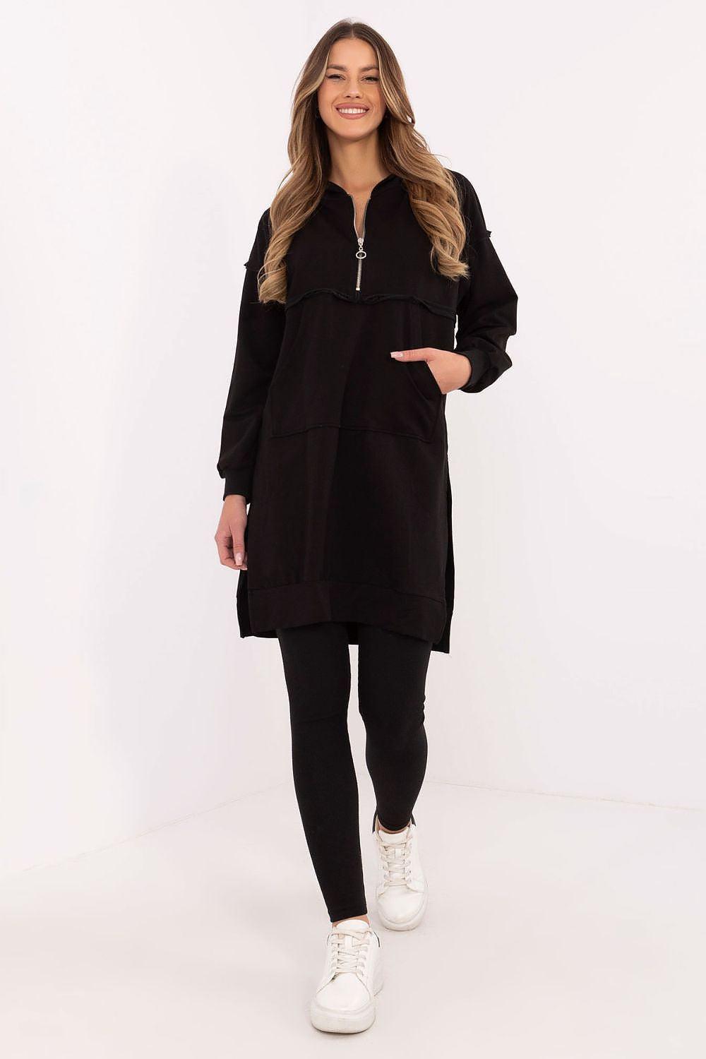 Two-piece hooded tunic and leggings set, black, front view with zip and leggings