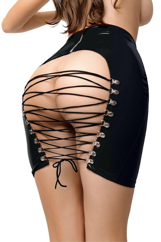 Glossy black mini skirt with crisscross lace-up back and metal grommets
