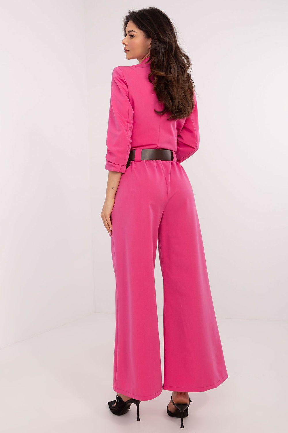 Women pink wide-leg trousers with black belt and center crease