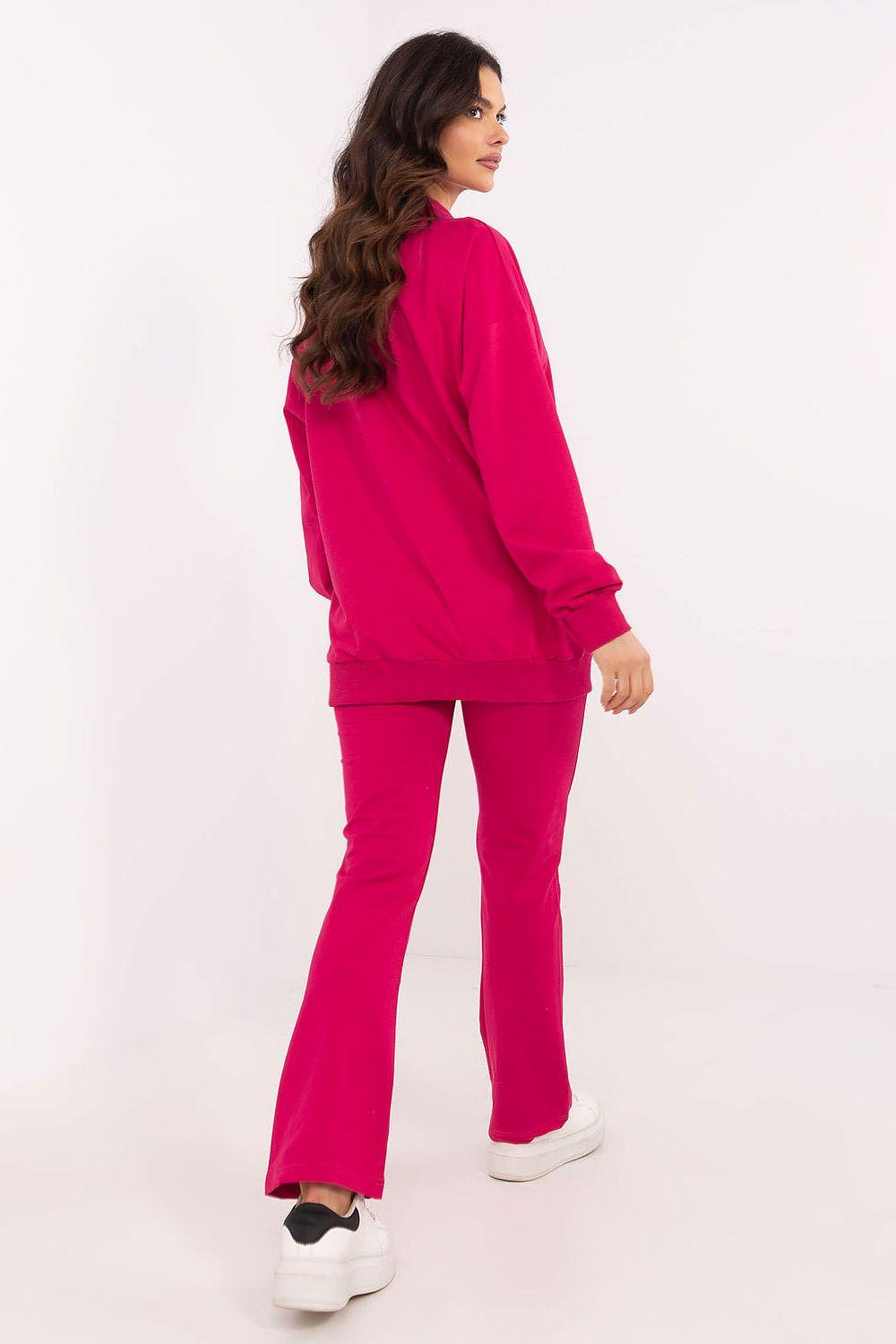 Women's pink long-sleeve top and flared pants set, crew neck, cuffed sleeves
