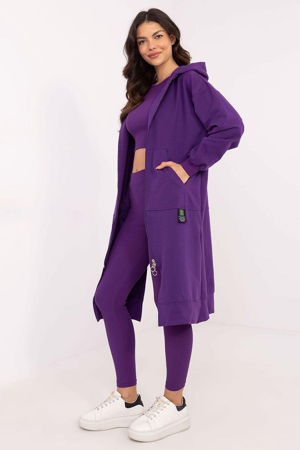 Purple hoodie and leggings set with hood and long length, standing front view.