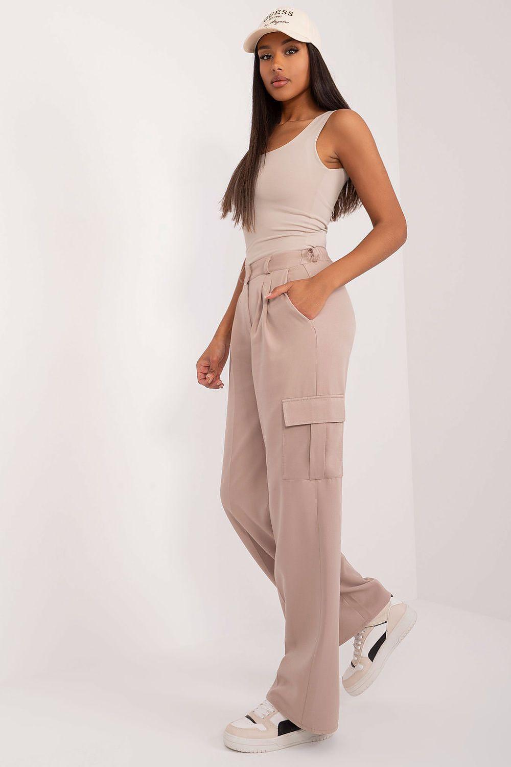 Women’s beige wide-leg trousers with tie waist and flap cargo pockets, full length