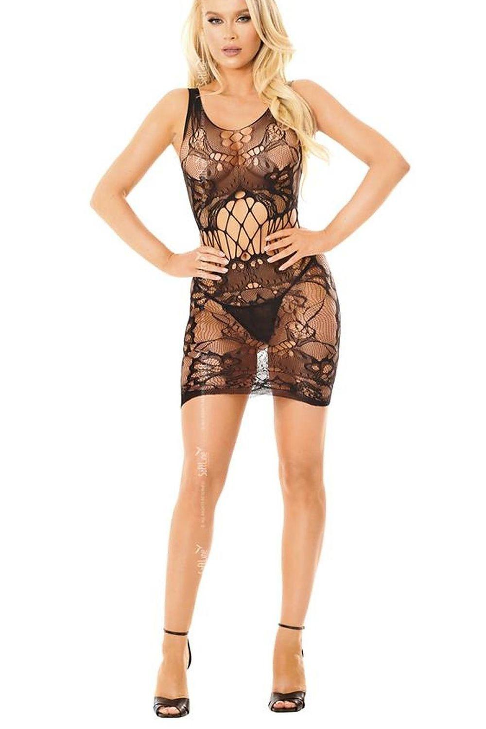 Sheer black lace bodystocking with sleeveless V-neck and geometric cutout panels