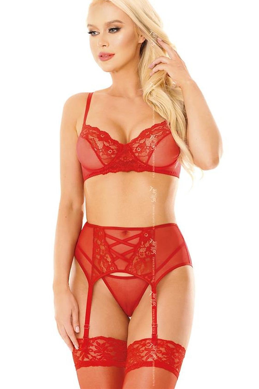 Red lace lingerie set with balconette bra, high-rise garter belt, and matching thong