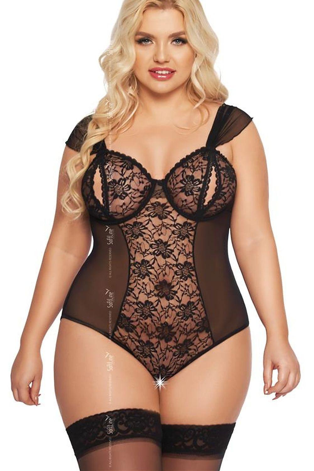 Black lace shapewear body with underwire cups and low neckline