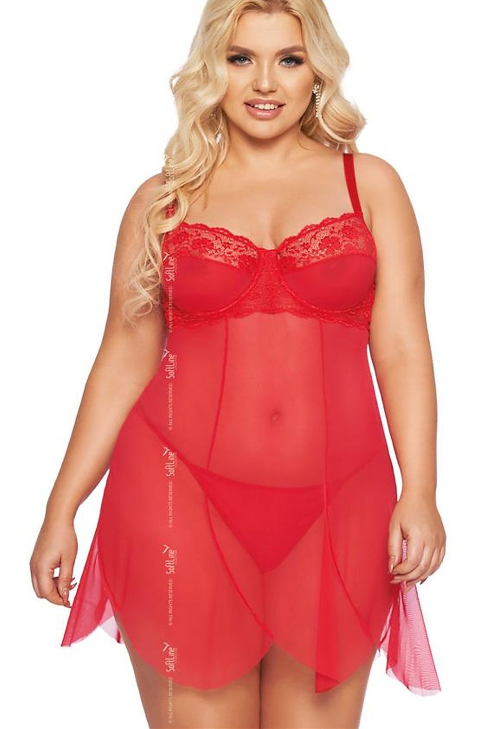 Red lace-trim sheer chemise lingerie set with bra-style cups