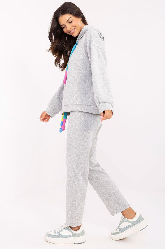 Grey hooded sweatshirt and sweatpants set, multicolor drawstring cords