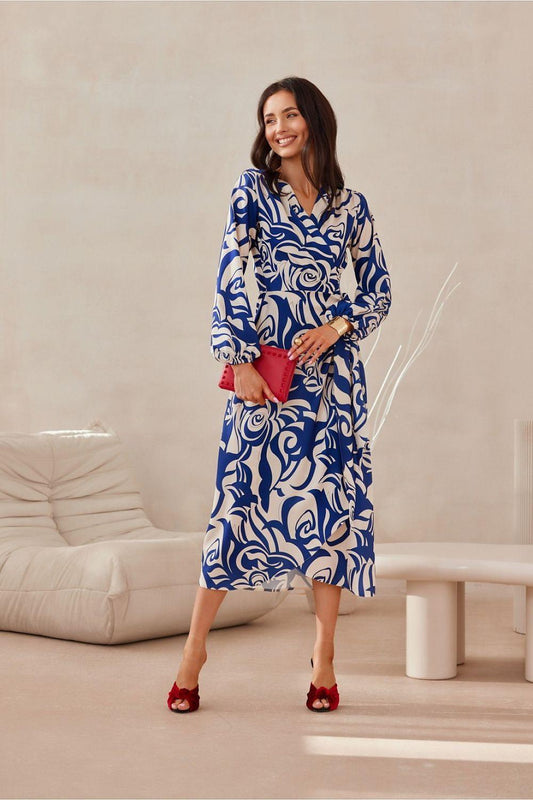 Blue wrap midi daydress with long sleeves and flared skirt, abstract swirl print.