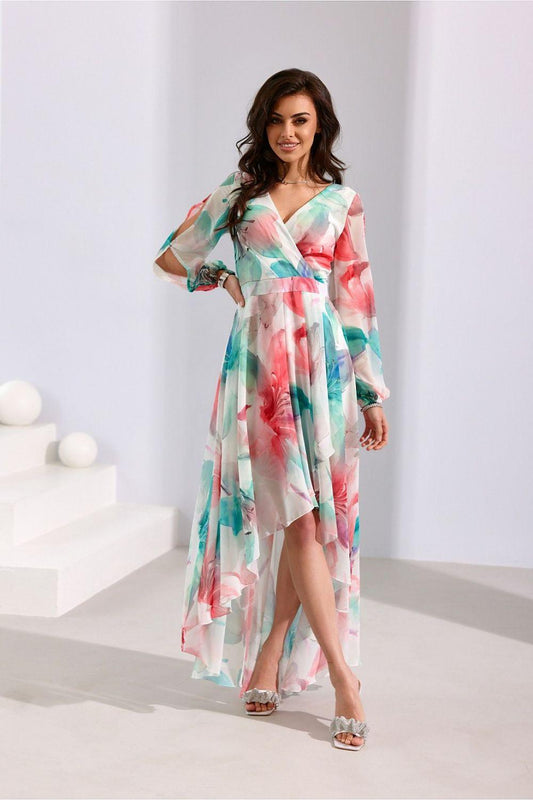Multicolor floral maxi dress with draped V neckline, wrap waist, and asym hemline