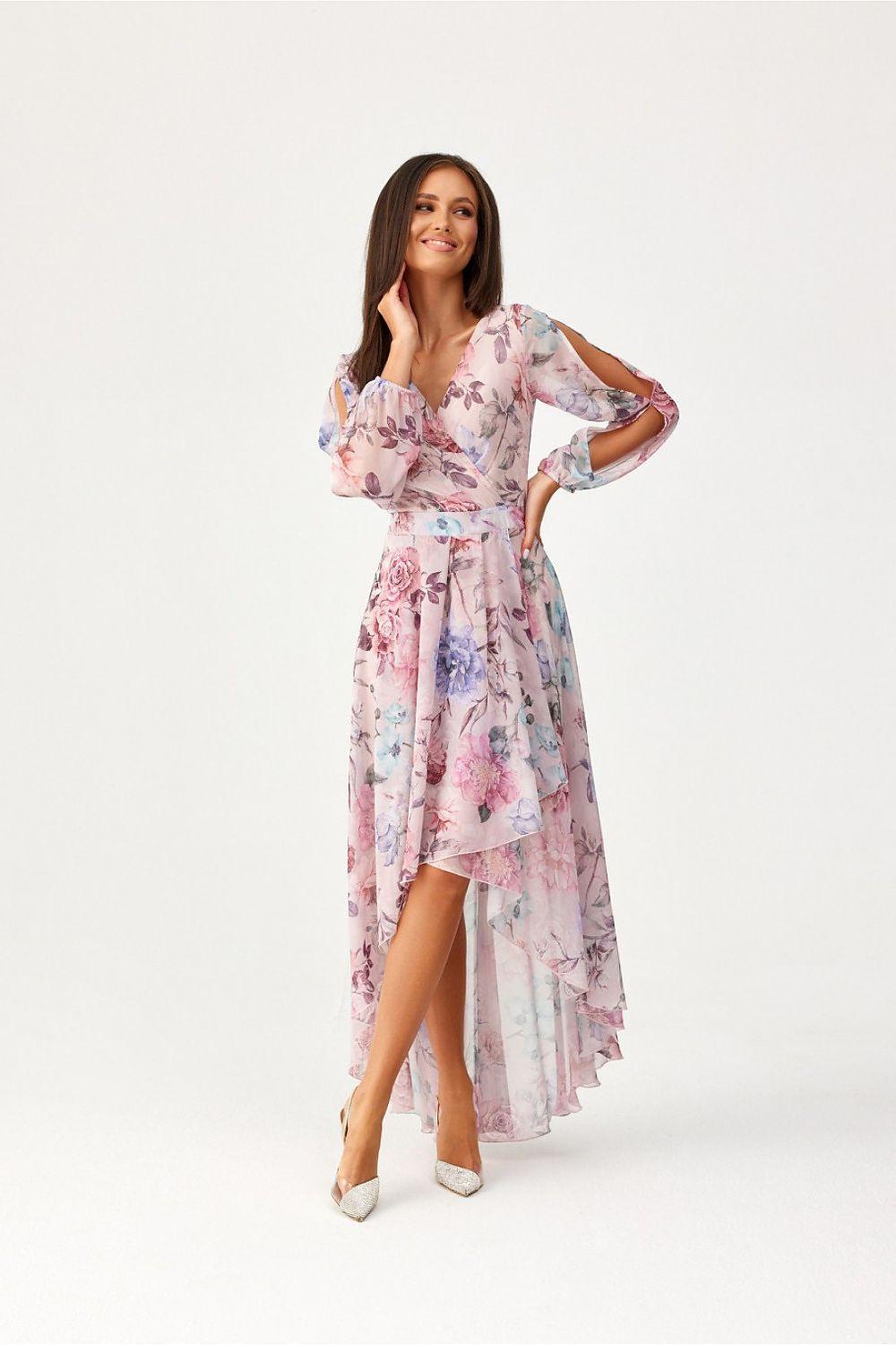 Floral asymmetric maxi daydress with draped neckline, long sleeves and side slit