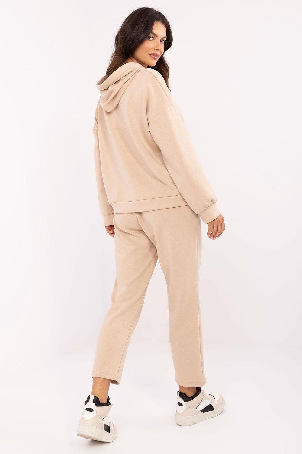 Beige hooded sweatshirt and sweatpants set, back view with drawstring cords