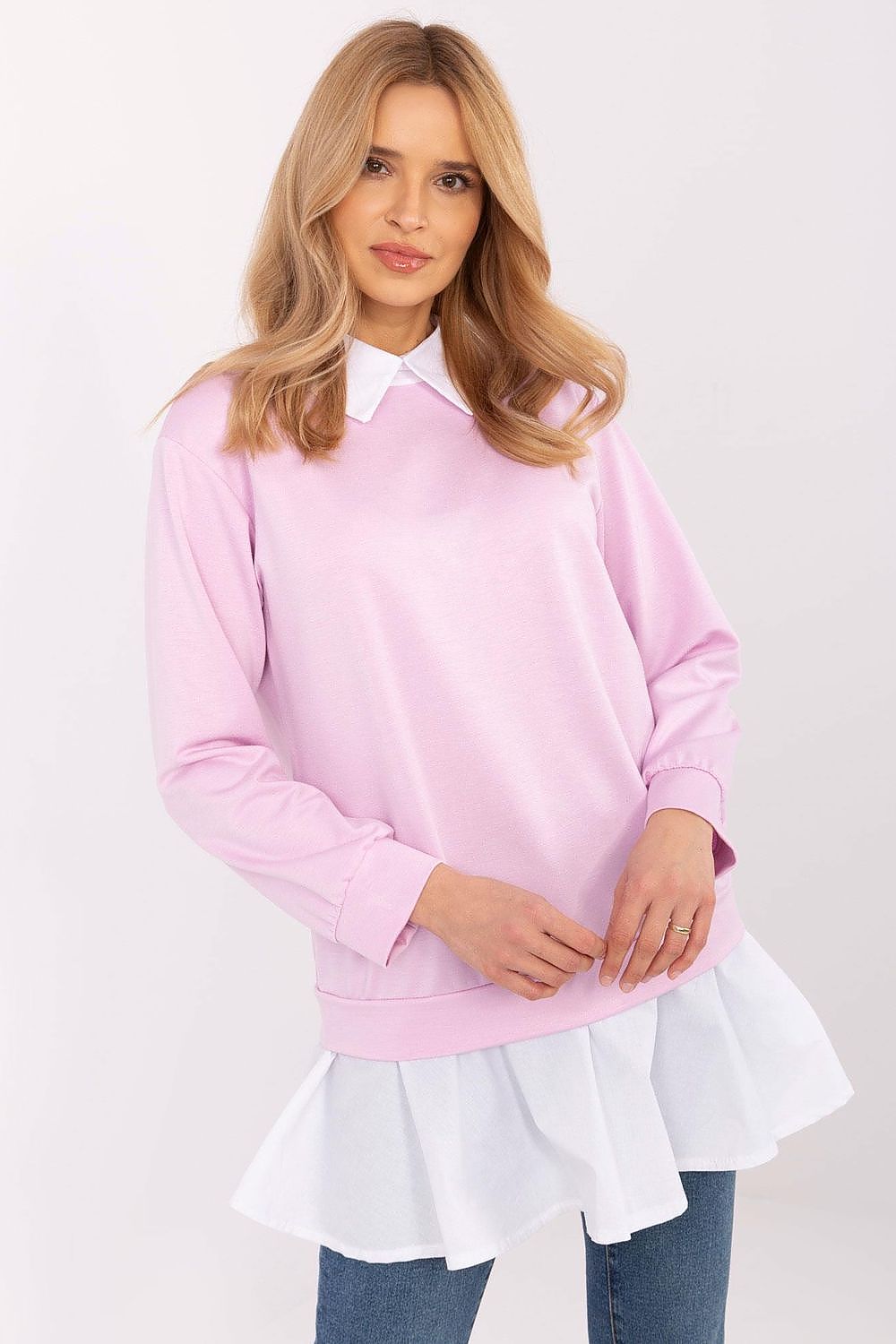 Violet blouse with classic collar and layered hem, long sleeves