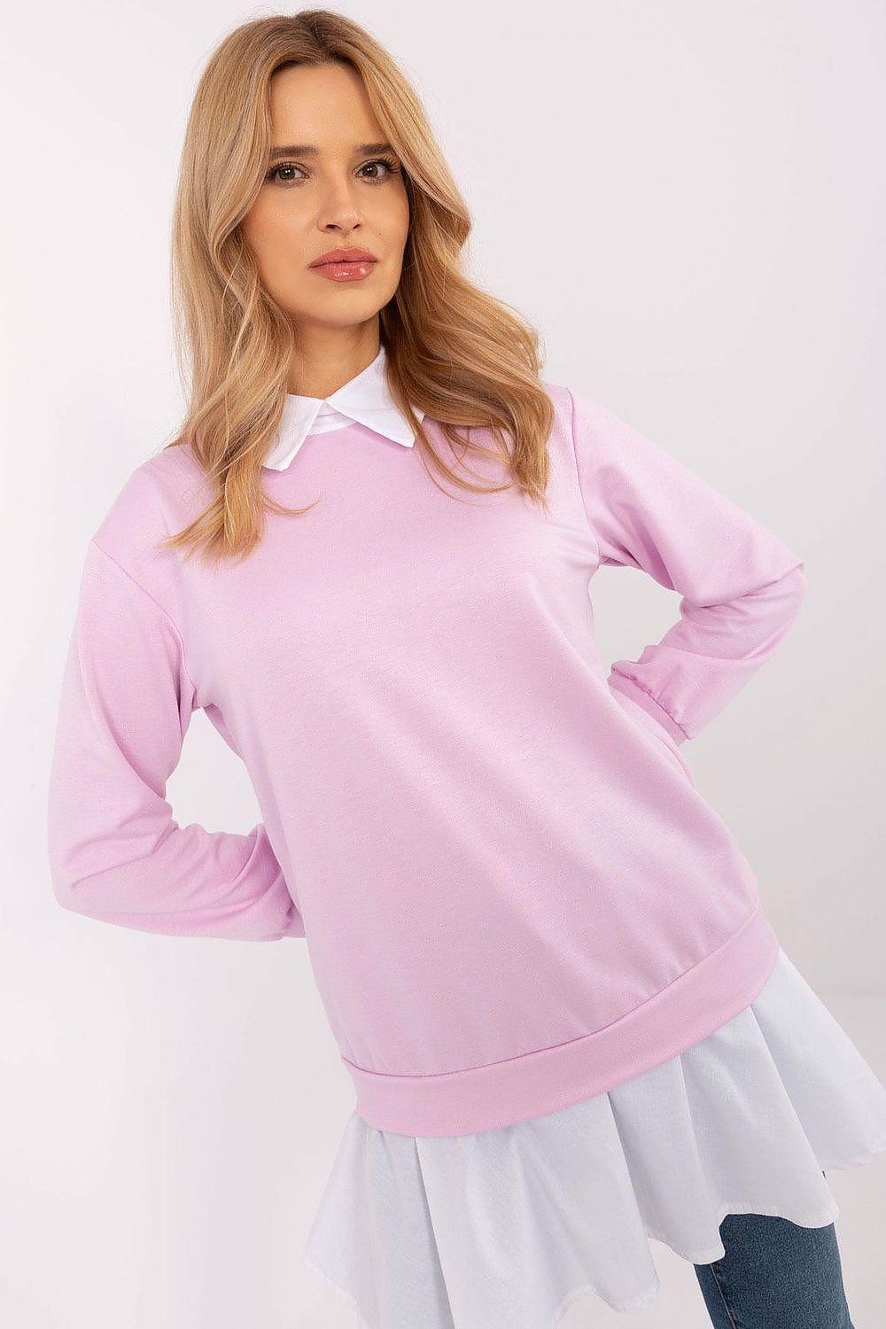 Violet blouse with white pointed collar and layered white peplum hem