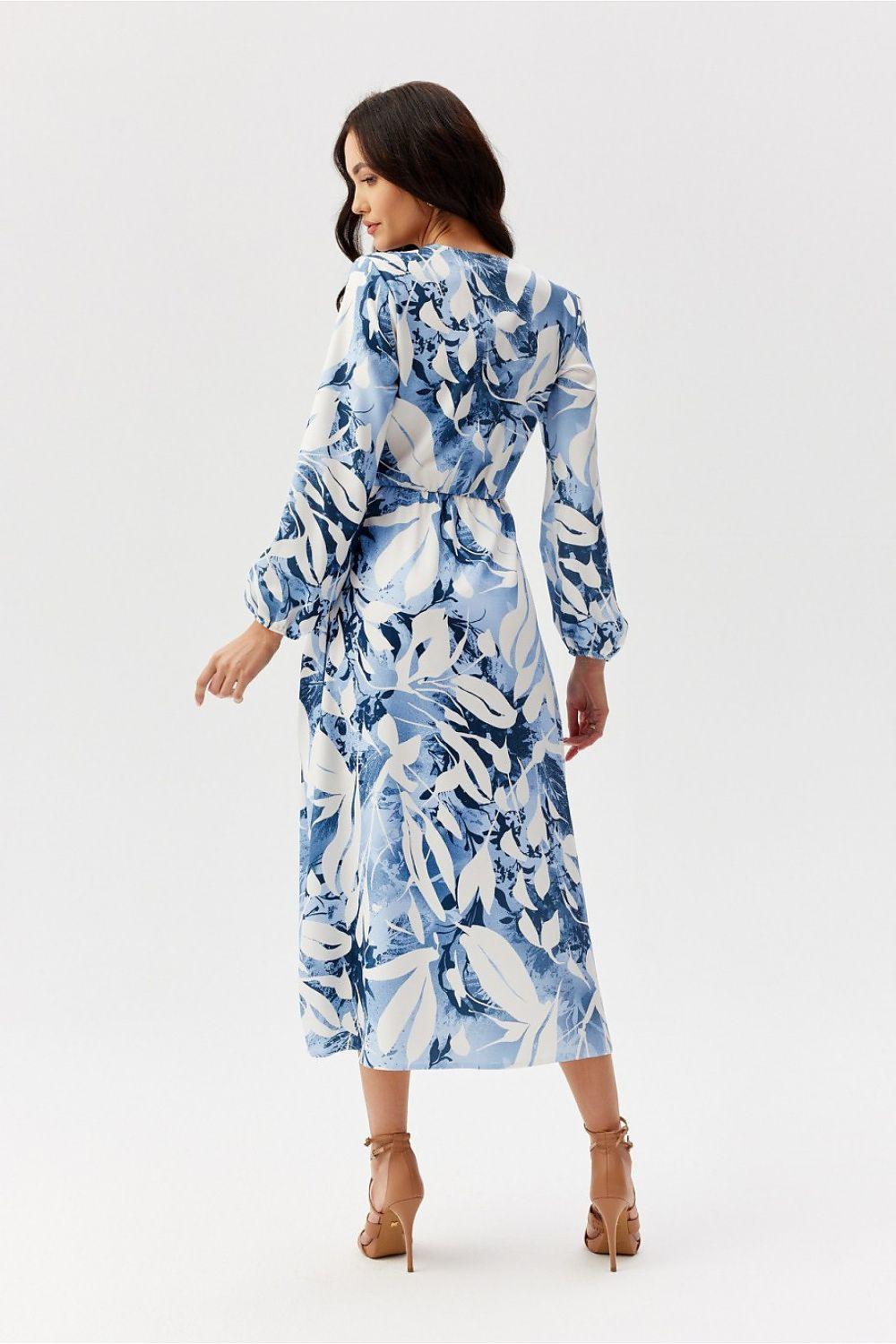 Blue floral midi daydress with wrap front, long sleeves, and flared skirt, back view